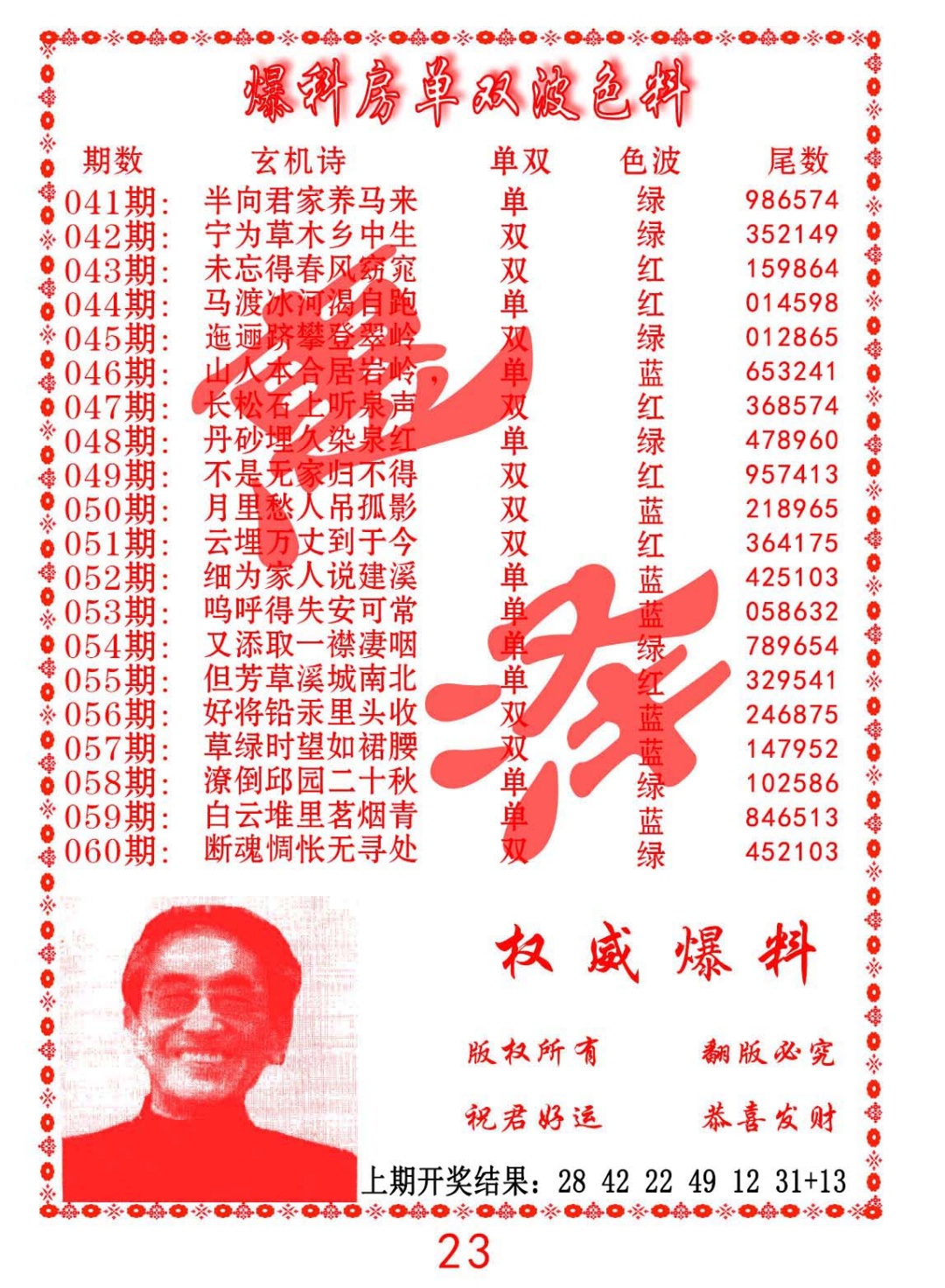 050期爆料房单双波色料[图]